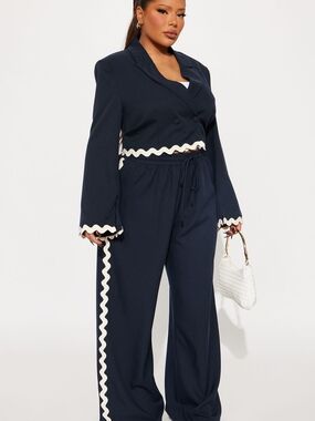 Fashion Nova TAKE ME HIGHER Navy Wide-Leg Pant And BlazerSet with Scalloped Trim